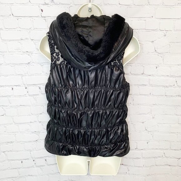BEBE BLACK HOODED LACE GATHERED PUFFER VEST - M - Picture 6 of 8